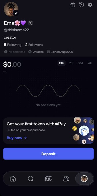 A mobile app profile screen for a creator named "Ema @thisisema22" showing $0.00 balance, 5 Following, 2 Followers, joined Aug 2026, with a prompt to "Get your first token with Apple Pay" and a Deposit button.