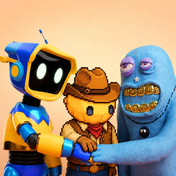 A 3D render showing a blue robot with glowing white eyes shaking hands with a blue claymation-style creature sporting gold teeth grills, with a pixel-art cowboy figure standing between them.