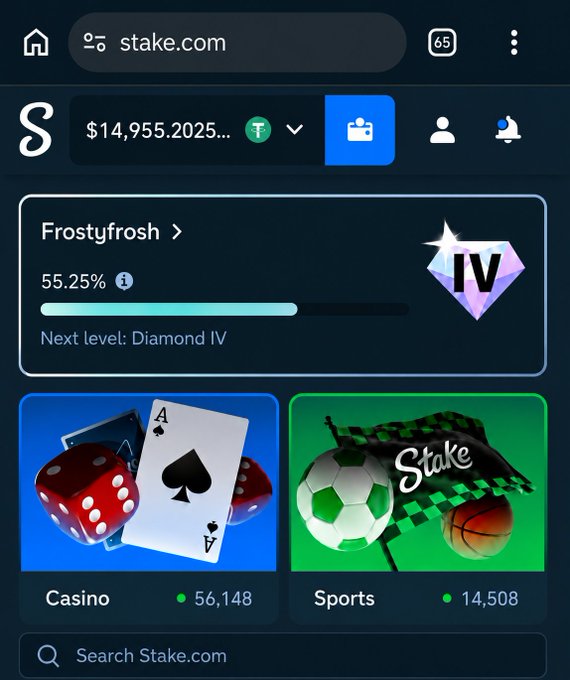 A Stake.com mobile interface showing user 'Frostyfrosh' at 55.25% progress toward Diamond IV, with a balance of $14,955.20 and options for Casino and Sports betting.