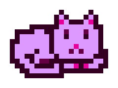 A small, pixelated graphic of a pink/purple cat curled up and sleeping.