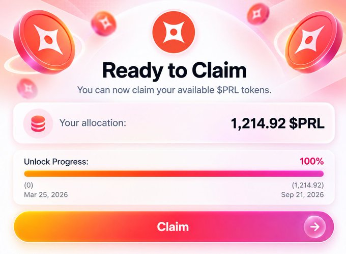 A promotional interface displaying "Ready to Claim" with an allocation of 1,214.92 $PRL tokens, showing a 100% unlock progress bar and a "Claim" button.