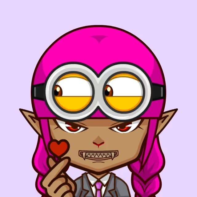 A cartoon illustration of a brown-skinned character with pink hair, large goggle-like eyes with yellow irises, pointed ears, and sharp teeth, holding up a small red heart.