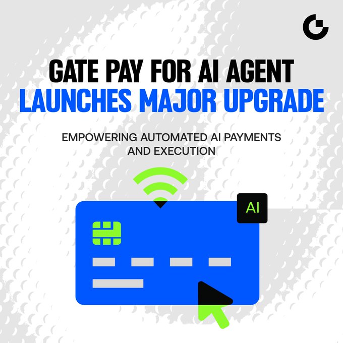 The image features a blue credit card, which appears to be an AI agent's payment method. The card has a green stripe running down its center, indicating that it is AI-native and capable of processing payments independently. The text on the image reads "Gate Pay for AI Agent Launches Major Upgrade", suggesting that the AI agent has been upgraded with new capabilities. The post also mentions that Gate is building an AI-native payment system to handle payments more efficiently.
