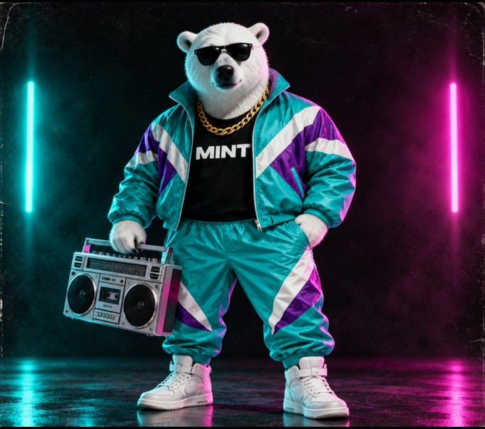 A polar bear wearing sunglasses, a gold chain, and a teal and purple tracksuit over a black 'MINT' t-shirt holds a vintage boombox, posed in front of neon cyan and pink lights.