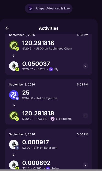 A screenshot of a crypto wallet or exchange app displaying recent activities, including transactions for USDG, INJ, and ETH tokens dated September 3, 2026.