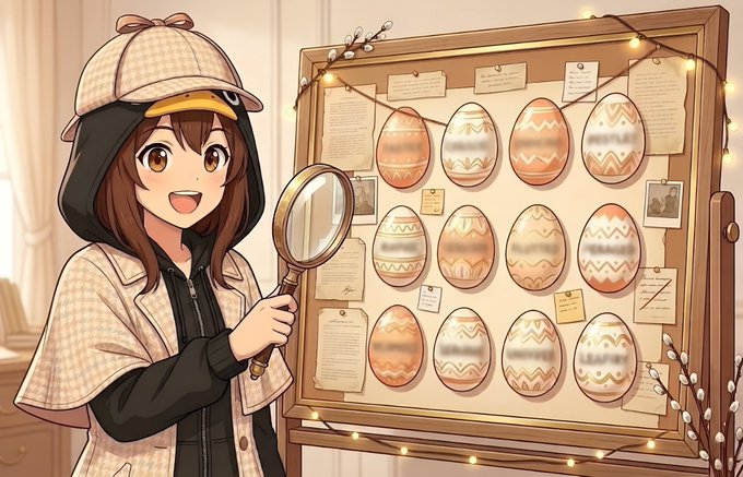 An anime-style illustration of a smiling girl wearing a deerstalker hat and holding a magnifying glass, standing beside a corkboard displaying decorated Easter eggs and pinned notes.