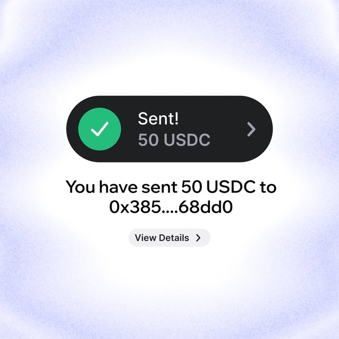 A transaction confirmation screen showing "Sent! 50 USDC" to address 0x385....68dd0, with the soft purple gradient background highlighting MetaMask's redesigned homepage interface that the poster is praising in their comment.