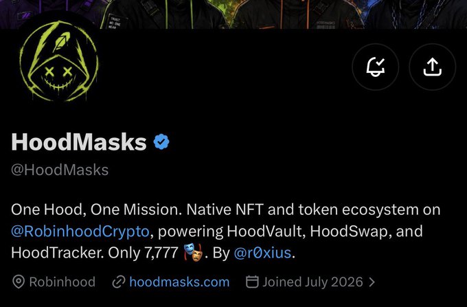 The image shows the Twitter/X profile of "HoodMasks" (@HoodMasks), verified account with a green hooded grim reaper logo, describing itself as a native NFT and token ecosystem on Robinhood Crypto with a supply of 7,777. The post context confirms this is an early teaser for the HoodMask NFT project on Robinhood's chain, with the 7777 supply matching the profile bio.