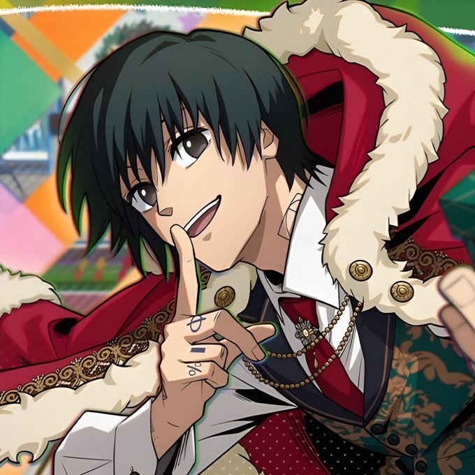 An anime-style illustration of a young man with dark hair making a 'shh' gesture with his finger, wearing an ornate red coat with fur trim and gold detailing.