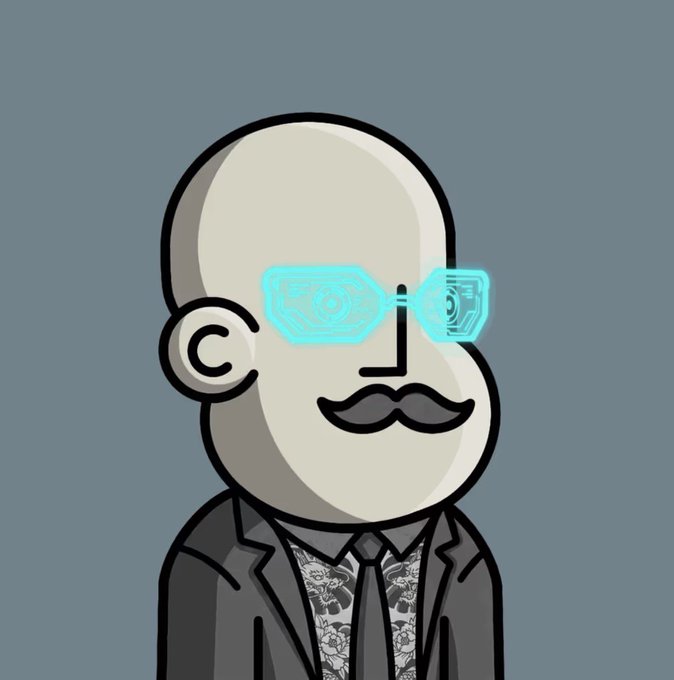 A cartoon bald man with a mustache wearing sunglasses that emit glowing blue "laser eyes," dressed in a black suit with a patterned shirt and tie, embodying a confident "boss" persona in support of NPCoin.