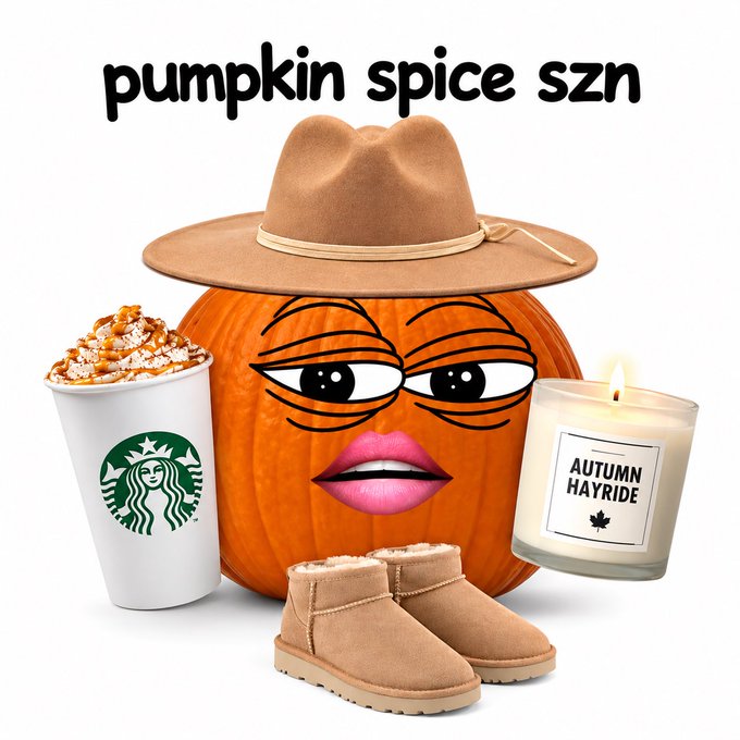 A 'pumpkin spice szn' collage featuring a pumpkin with a drawn-on face wearing a cowboy hat, a Starbucks pumpkin drink, UGG boots, and an Autumn Hayride candle.
