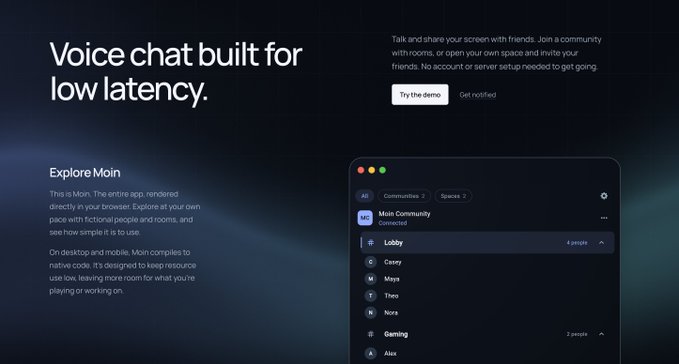 A promotional webpage for 'Moin,' a voice chat application described as 'built for low latency,' featuring a dark UI mockup showing community channels and user lists.