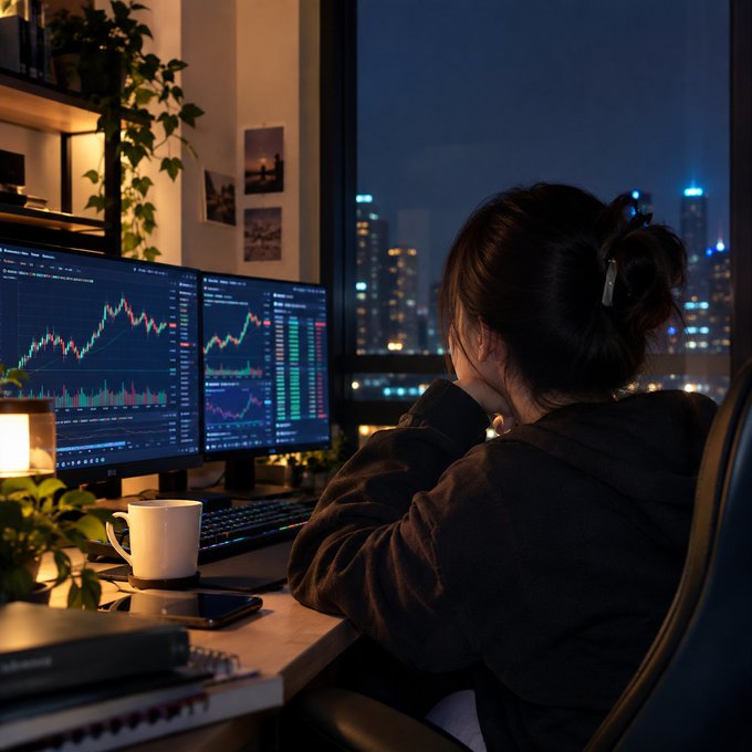 A person with dark hair sitting at a desk viewing stock/crypto trading charts on dual monitors, with a coffee mug and a nighttime city skyline visible through the window.