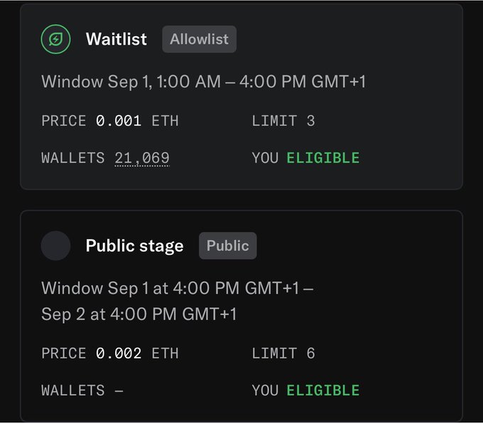A dark-themed NFT mint interface showing two stages: 'Waitlist (Allowlist)' at 0.001 ETH with 21,069 wallets, and 'Public stage' at 0.002 ETH, both indicating the user is 'ELIGIBLE'.