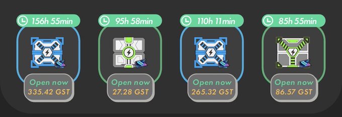 Four digital mystery boxes in the STEPN app available to open, with time remaining (156h 55min, 95h 58min, 110h 11min, 85h 55min) and 'Open now' costs ranging from 27.28 to 335.42 GST.