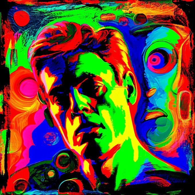A highly stylized, neon-colored pop art portrait of a man's face rendered in vivid greens, reds, blues, and yellows.