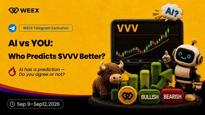 A vibrant WEEX Telegram Exclusive promotional graphic titled "AI vs YOU: Who Predicts $VVV Better?" (Sep 9–Sep 12, 2026), featuring a bull, a green upward arrow, an AI robot character, and a candlestick chart of VVV, tying into a community challenge asking users to compare AI-generated predictions with their own calls on $VVV's next move after its 40% pump.