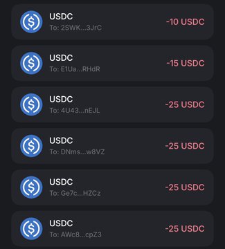 A list of USDC transactions showing payouts of 10, 15, and four 25 USDC transfers to recipients including 2SWK...3JrC, E1Ua...RHdR, 4U43...nEJLuN, DNms...w8VZ, Ge7c...HZCz, and AWc8...cpZ3, corresponding to the giveaway winners announced in the post.