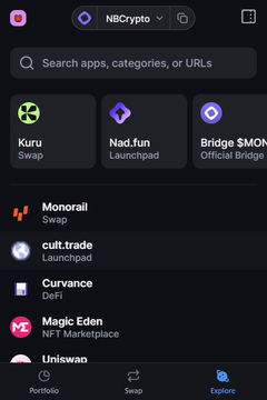 A mobile app screenshot titled "NBCrypto" displaying a search bar and various cryptocurrency apps including Kuru Swap, Nad.fun Launchpad, Bridge $MON, Monorail Swap, cult.trade, Curvance DeFi, Magic Eden NFT Marketplace, and Uniswan.