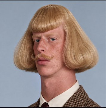 A studio portrait of a man with a distinctive blonde bowl-cut wig, mustache, and tweed jacket.