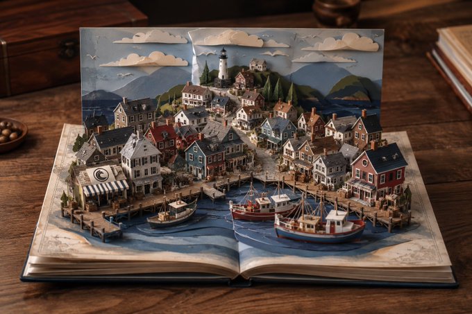 A creative 3D pop-up book illustration depicting a charming coastal village with colorful houses, a lighthouse, and boats docked in a harbor.