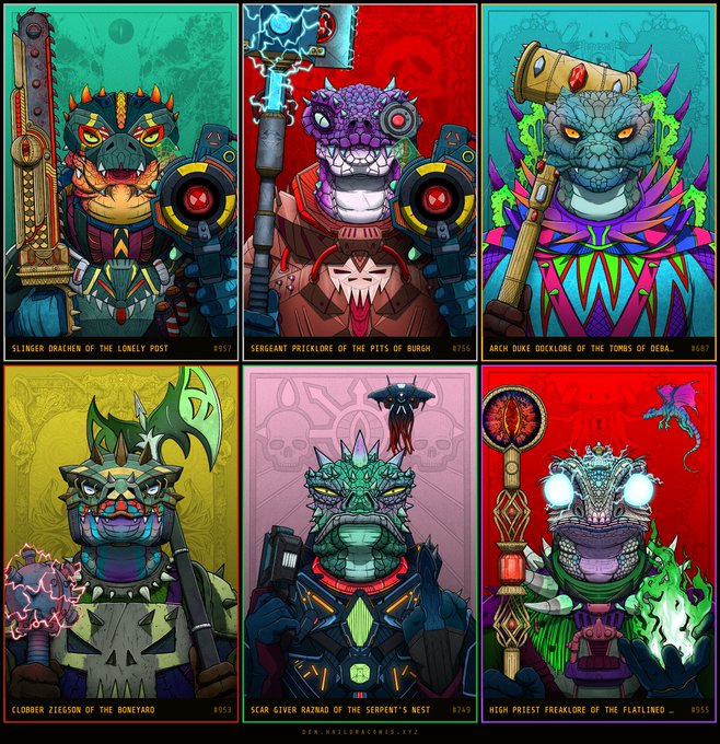 The image displays a 2x3 grid featuring six custom reptilian character portraits with menacing, sci-fi/fantasy designs, each labeled with names like "SLINGER DRACHEN OF THE LONELY POST #652," "SERGEANT PRICKLORE OF THE PITS OF BURGH #754," "ARCH DUKE DOCKLORE OF THE TOMBS OF DEBA #687," "CLODBER ZIESSION OF THE BONEYARD #853," "SCAR GIVER RAZNAD OF THE SERPENT'S NEST #749," and "HIGH PRIEST FREAKLORE OF THE FLATLINED #951," created by @DEN.HAILDRACONIS.XYZ. This showcases the customizable grid maker feature mentioned in the post, demonstrating how users can design creative, character-themed content for the Reptilians platform.