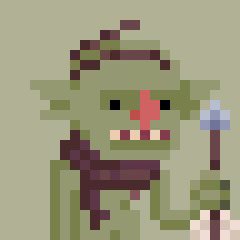 Pixel art of a green goblin or orc-like creature with dark hair, holding a small axe, set against an olive-green background.