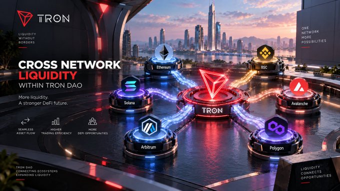 A promotional graphic for TRON DAO titled 'CROSS NETWORK LIQUIDITY WITHIN TRON DAO' features the TRON logo centrally connected to other blockchains including Ethereum, BSC, Avalanche, Solana, Arbitrum, and Polygon.