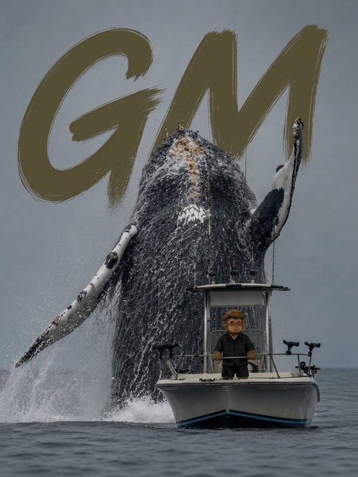 A dramatic scene showing a massive humpback whale breaching behind a small boat with a person at the helm, with the letters 'GM' painted in large olive-green brush strokes in the sky.