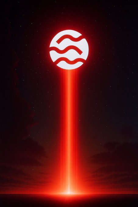 A digital artwork featuring a glowing red and white symbol with wavy lines emitting a bright red beam of light into a dark night sky.