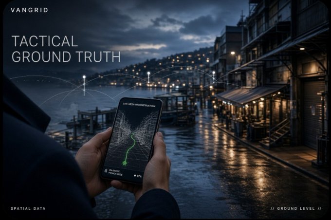 A smartphone displays a 3D spatial map reconstruction with a green route path against a moody waterfront cityscape, captioned "TACTICAL GROUND TRUTH" with "VANGRID" branding and "SPATIAL DATA" / "GROUND LEVEL //" labels, illustrating how VanGrid's mobile app captures real-world locations into a decentralized mapping network where users earn PTC tokens for contributing ground-truth spatial data.
