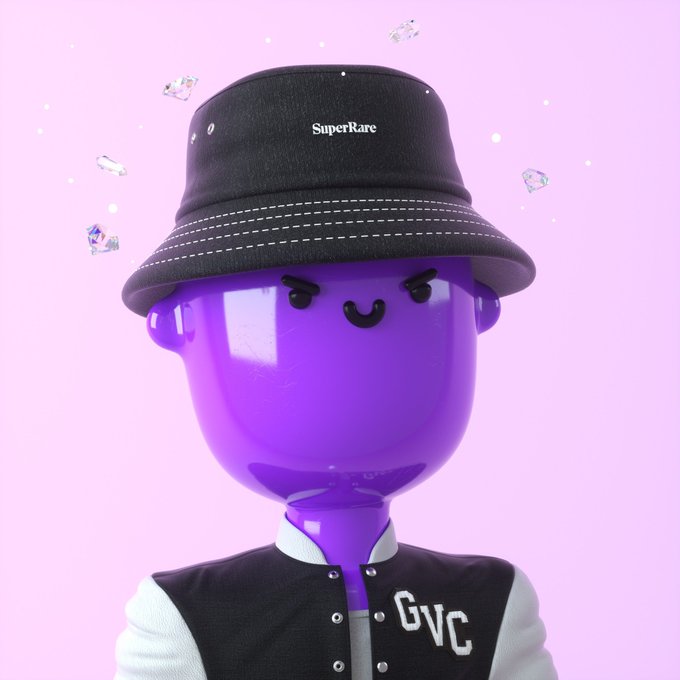 A 3D-rendered purple character wearing a black 'SuperRare' bucket hat and a varsity jacket with 'GVC' on it, set against a pink background with floating gem-like particles.