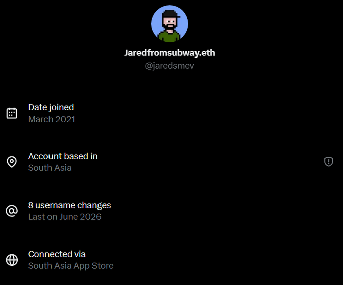 The image shows a dark screen displaying an Twitter profile picture of someone, including details such as their name, date joined, date joined, user name changes, and location. The profile picture is attributed to @jaredfromdelhi.eth with the message "jaredfromdelhi". This indicates that the profile picture was captured in January of this year by a user from India named Jared Friese.