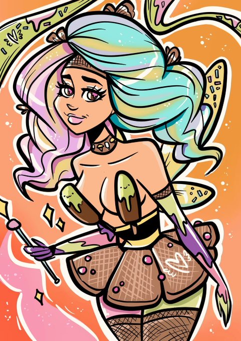 A vibrant cartoon illustration of a fairy-like female character with pastel rainbow hair, colorful wings, and a waffle-themed skirt holding a magic wand.
