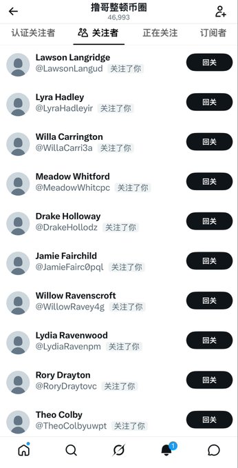 A mobile app screen showing a list of users following the account "擦哥整頓币圈" (with 46,993 followers), with usernames like Lawson Langridge, Lyra Hadley, and Willa Carrington, each with a "回关" (follow back) button.