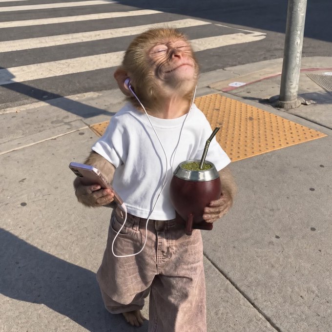 A young monkey standing on a sidewalk wearing a white t-shirt and gray pants, holding a smartphone with earbuds and a mate cup with a straw.