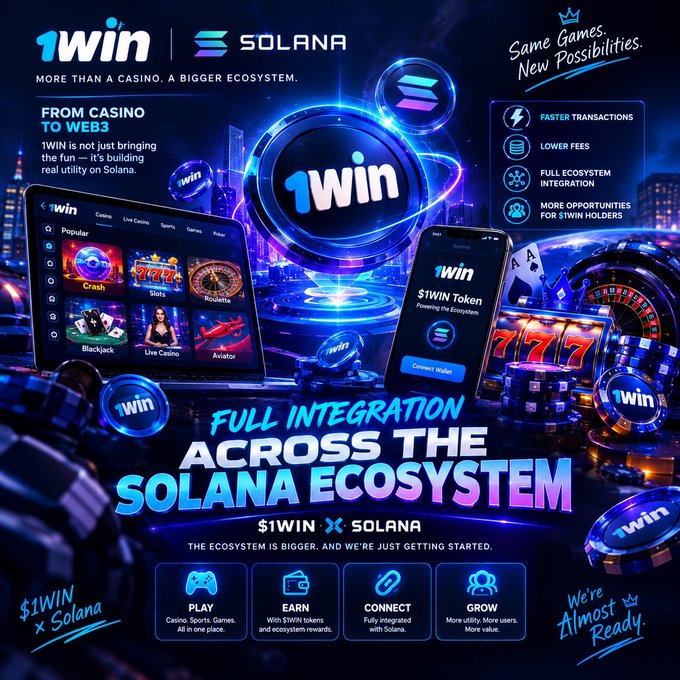 A promotional graphic for 1WIN x SOLANA advertising 'Full Integration Across The Solana Ecosystem' with the tagline 'Same Games. New Possibilities,' featuring casino games, $1WIN Token details, and benefits like 'Faster Transactions' and 'Lower Fees.'