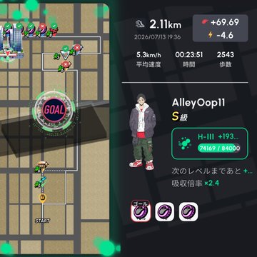 A mobile game screenshot showing a map with a 'GOAL' marker and a character profile for 'AlleyOop11' with stats like 2.11km, 69.69, and 5.3km/h.