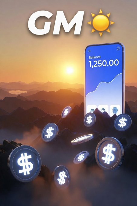 The image features a cell phone with an app icon that says GM, along with a mountain range backdrop. The sun is setting behind the mountains, creating a warm glow over the scene. The text "GM New day, new sats. While most snooze, the smart ones are earning River Pts in @RiverdotInc stacking $RIVER potential through vaults, satUSD yield & onchain moves. No bridges. Real control. Farm those pts. Who’s building their bag before". The image is a creative and visually appealing representation of the GM app's interface with the sun setting behind mountains as an eye-catching backdrop.