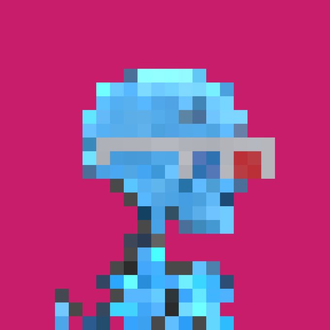 A pixelated blue alien-like character with a red-tipped projectile emerging from its side, set against a bright pink background, illustrating a dramatic moment of impact or vulnerability. The retro 8-bit style complements the post's meme-culture tone about offering a rare NFT at a discounted price to a notable collector.