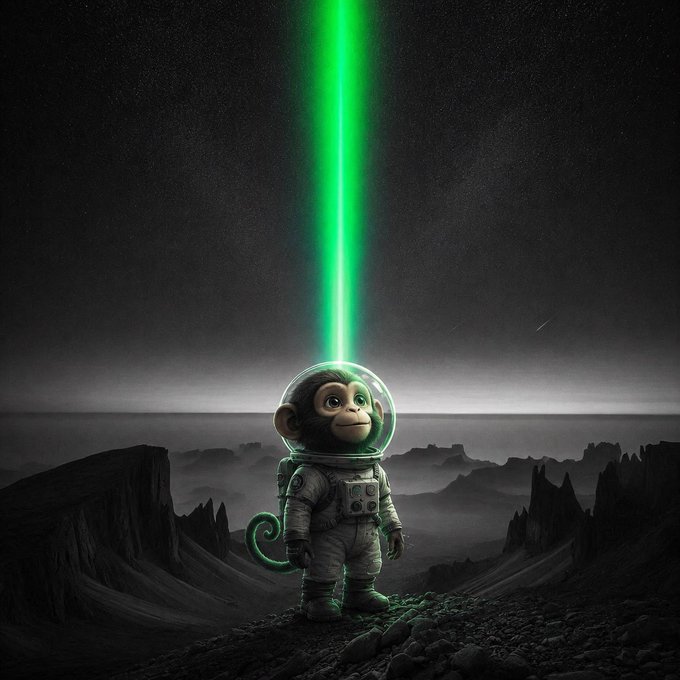 A digital illustration of a small monkey in an astronaut suit standing on a rocky alien landscape, with a bright green laser beam shooting up into a starry sky.