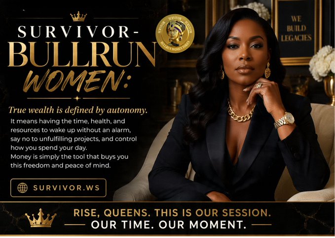 A promotional banner titled 'SURVIVOR-BULLRUN WOMEN:' featuring a woman in a suit with the text 'True wealth is defined by autonomy,' the website 'SURVIVOR.WS', and the tagline 'RISE, QUEENS. THIS IS OUR SESSION. OUR TIME. OUR MOMENT.'