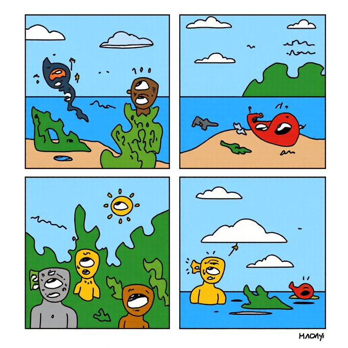 A four-panel cartoon comic signed 'MACARONI' featuring simple, colorful characters including a brown figure, a red blob, and yellow figures interacting in underwater and beach scenes with seaweed and the sun.