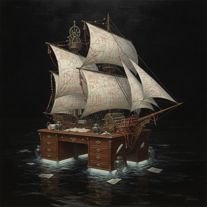 A surreal dark illustration depicts a vintage wooden desk with sailing ship's sails and rigging rising from it, adorned with red astrological/alchemical markings, floating on dark water with scattered papers.