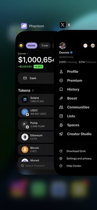 The Phantom wallet app displays user "Donnie" (@cbldonnie) with a portfolio balance of $1,000,65x and holdings in Solana, USDC, PUMP, Ethereum, and Bitcoin, visually confirming the milestone of reaching $1 million through his crypto trading activities. The image showcases the fruits of his three-year journey in crypto trading, with notable diversification across major tokens and stablecoins that reflect both his "gambling" on newer assets like Pump and his more stable holdings in established cryptocurrencies.