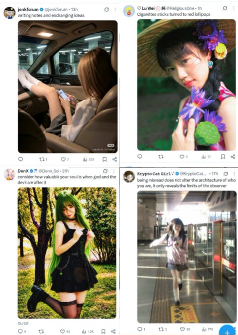 A screenshot of an X (Twitter) feed showing four posts with anime-style illustrations of women, including users 'jenkforum', 'Lu Wei', 'DenX', and 'KryptoCat @IEI'.