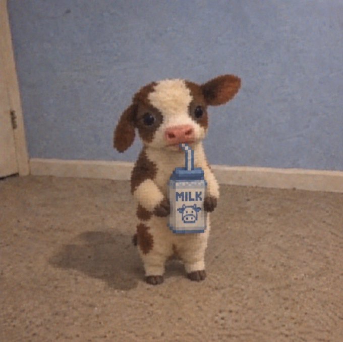 A handmade felt figure of a small brown and white cow standing on carpet while drinking from a pixelated "MILK" carton with a straw.