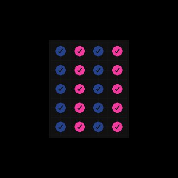 A grid of twenty blue and pink circular icons, each containing a white checkmark, arranged in four columns and five rows against a dark background.