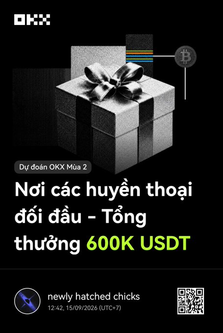 A promotional graphic for 'OKX' featuring a gift box image and Vietnamese text 'Dự đoán OKX Mùa 2 - Nơi các huyền thoại đối đầu - Tổng thưởng 600K USDT' posted by 'newly hatched chicks'.