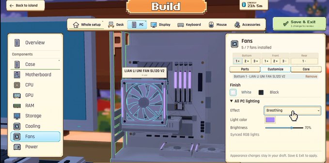 A player is customizing their PC build in a video game, specifically configuring the cooling system's "Fans" settings, where they've installed 5 of 7 "LIAN LI UNI FAN SL120 V2" fans with custom lighting effects set to "Breathing" at 70% brightness in a light purple color. The interface shows various component categories like Case, Motherboard, CPU, GPU, RAM, Storage, Cooling, and Power, illustrating the importance of proper cooling and fan configuration mentioned in the accompanying post about PC hardware maintenance.